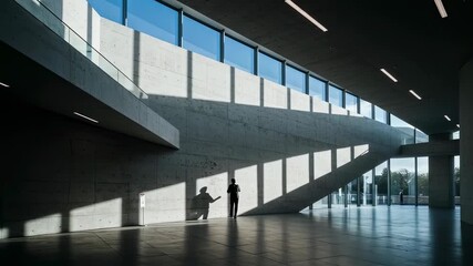 Man walking in modern concrete building interior with large windows and light and shadow patterns, footage.