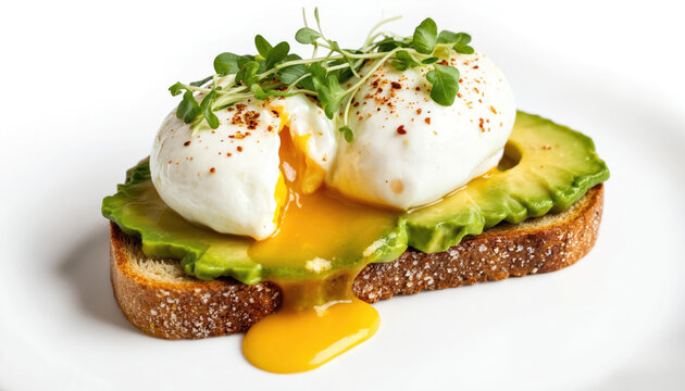 Delicious avocado toast topped with perfectly poached eggs, fresh microgreens. Served on whole grain bread, this vibrant breakfast or brunch features creamy avocado, runny yolk, satisfying crunch.