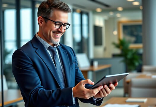 Smiling executive reviewing digital tablet, contemplating financial strategy in modern office,  analysis,  considering