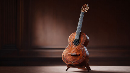 Ornate acoustic guitar on stand, warm brown tones. Evokes music, artistry, craftsmanship, and culture. Ideal for musicrelated websites, blogs,  promotions.