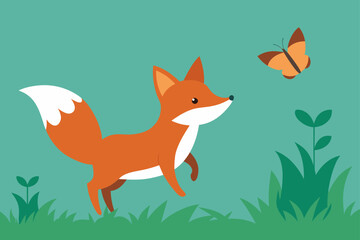 Obraz premium Fox Kit Chasing Butterfly in Spring Woods