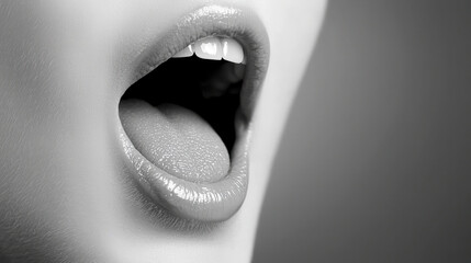 Close up of open mouth with visible teeth and tongue, expressing emotion and sound. monochrome effect adds depth and focus