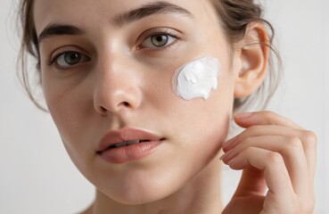 Close-up of young woman applying facial cream. Natural, fresh skin with light makeup. Focus on glowing complexion and healthy look in wellness spa setting. Gentle touch with fingertips.