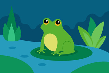 Fototapeta premium Frog Sitting on Leaf Near Forest Stream