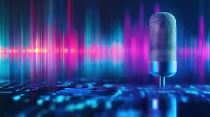 Vibrant microphone stands against colorful sound wave background, symbolizing voice narration and audio technology