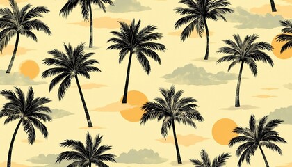 Vintage retro illustration features tropical sunset with palm trees, clouds in Hawaiian style. Seamless repeat pattern, with colourful graphic design, evokes summer exotic holiday vibe reminiscent of