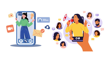 Digital marketing illustration featuring a woman with a megaphone promoting online engagement and communication through a phone interface with social media profiles.