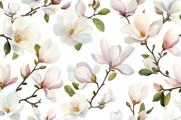Watercolor botanical illustration of magnolia flowers with soft pastel colors and delicate leaves, creating serene atmosphere