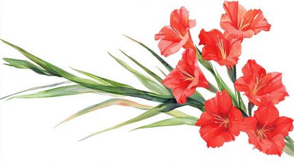 Vibrant watercolor botanical illustration featuring red flowers and green leaves, showcasing natural beauty and elegance