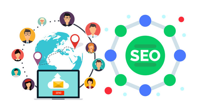 Network of people and locations connected to a laptop and SEO, useful for concepts like global marketing and online presence with black background.