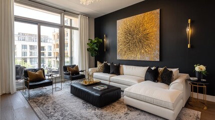 Bold interior accent wall painted in matte black with gold accessories and modern artwork creating dramatic contrast