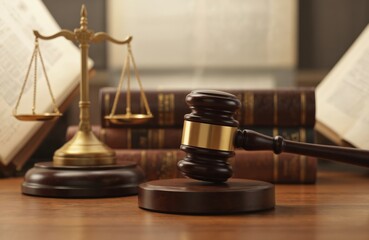 Lawyer office scene features judge gavel, scales of justice, and antique law books. Represents legal system, business law, corporate compliance, and criminal justice proceedings.