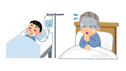 Illustration showing sick people in beds receiving medical treatment and feeling unwell, representing illness and healthcare.