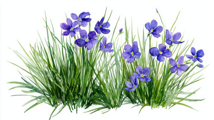 Watercolor botanical illustration of vibrant purple violets surrounded by lush green grass, evoking sense of tranquility