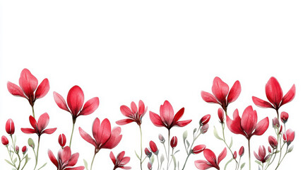 Watercolor botanical illustration of vibrant red flowers with delicate petals and green leaves, creating serene atmosphere