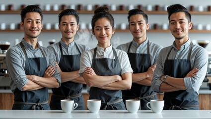 A diverse group of baristas pose in their coffee shop, ready to serve customers with a smile.