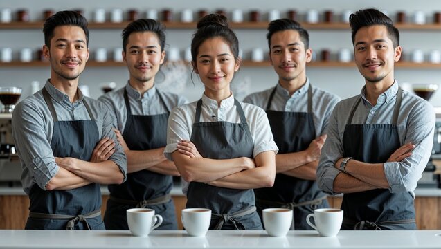 A diverse group of baristas pose in their coffee shop, ready to serve customers with a smile.