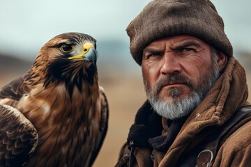 Falconer holding saker falcon, bird of prey, on arm, looking powerful