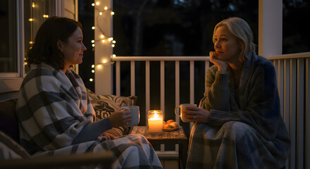 Two women talking on a balcony with blankets and candles at night  