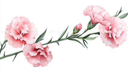 Watercolor botanical illustration of pink carnations with delicate petals and green leaves, evoking sense of beauty
