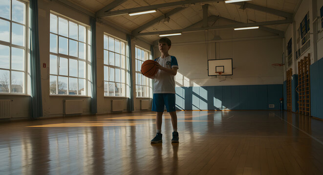 Young boy practicing basketball in gym with sunlight streaming in  
