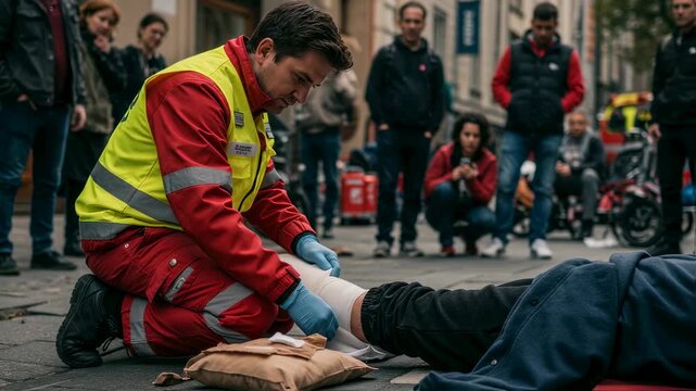 A paramedic man in uniform kneeling on sidewalk providing first aid to an injured person, emergency help footage.