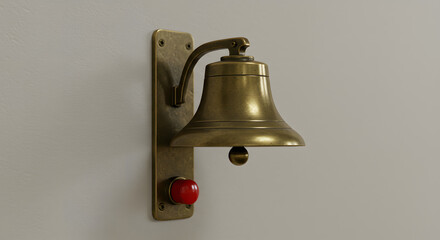 Vintage brass bell mounted on wall with red button  