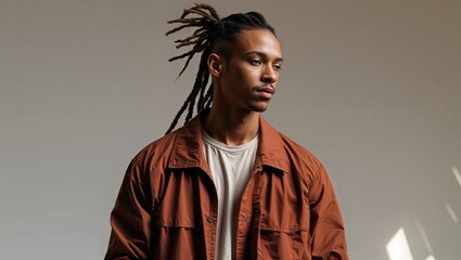 A fashionable man with dreadlocks poses in a studio, showcasing a casual yet stylish look with a contemplative gaze.