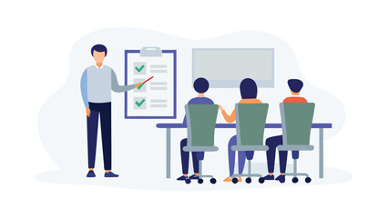 Man presenting checklist to seated audience in a meeting room with whiteboard behind them all present