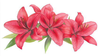 Watercolor botanical illustration of vibrant red lilies with green leaves, showcasing their beauty and elegance