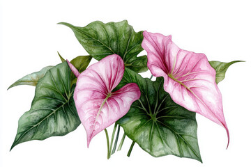 Watercolor botanical illustration of pink and green leaves, showcasing vibrant colors and intricate details, perfect