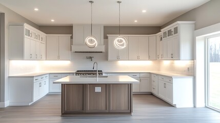 Pure tone kitchen with full white cabinetry, misty grey counters, a clear walnut island and soft LED ring pendant lights overhead.