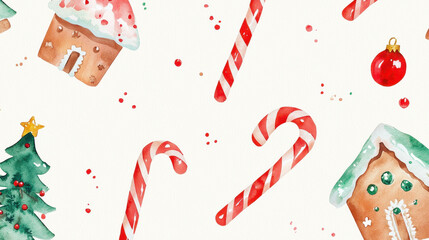 Watercolor candy canes, gingerbread houses, and festive decorations create cheerful holiday pattern