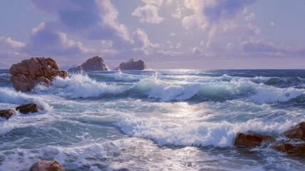 Majestic ocean waves crash against rocky shore. Neural network AI generated