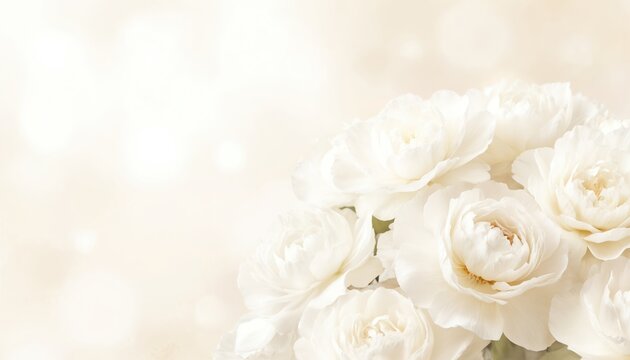 Bouquet of elegant white roses on soft ivory background. Delicate petals, luxurious creamy hue, refined atmosphere perfect for weddings, celebrations, romantic themes. Gentle bokeh adds subtle charm.