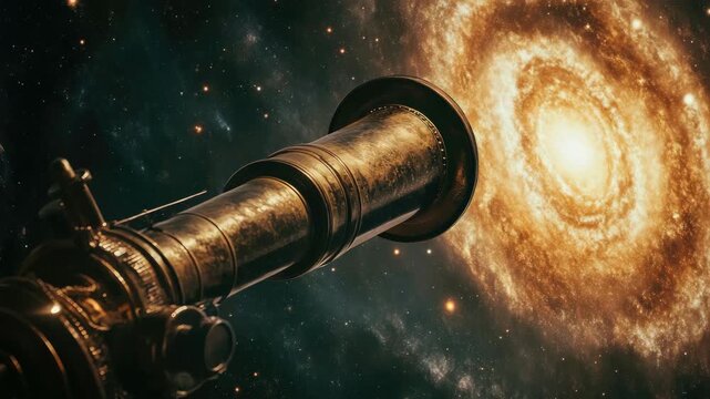 Antique telescope gazing at spiral galaxy in deep space