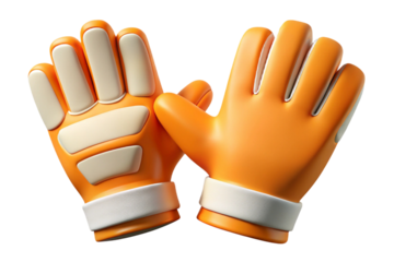 Pair of bright orange goalkeeper gloves with white padding isolated on transparent background