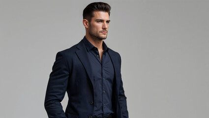 A handsome man in a suit poses while looking off to the side with a serious expression on his face.  
