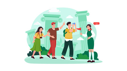 Engaging travel scene showcases a group of tourists on a guided tour amidst ancient architectural columns, creating a vibrant atmosphere for exploration and learning.