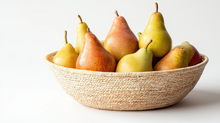 Fresh pears in woven basket create vibrant and inviting display, perfect for any kitchen or dining setting