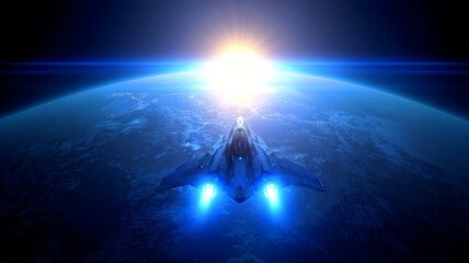 Fototapeta premium Spaceship orbiting earth at sunrise. Neural network AI generated