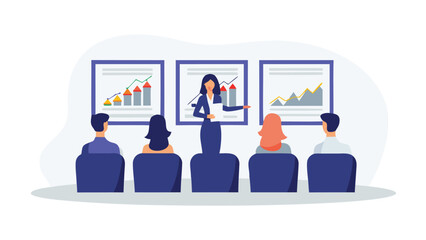 Woman presenting charts to an audience in a meeting room with graphs and data visualization shown