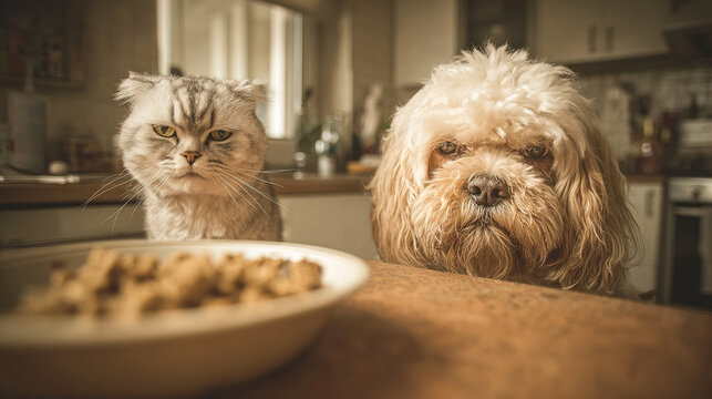 Grumpy cat and dog are hungry looking at food in bowl, pet food concept in a cozy domestic kitchen