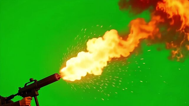 Flames burst forth from a flamethrower weapon creating a fiery explosion effect on a green screen background ready for visual effects