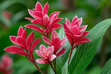 Red canna lily flowers blooming in tropical garden