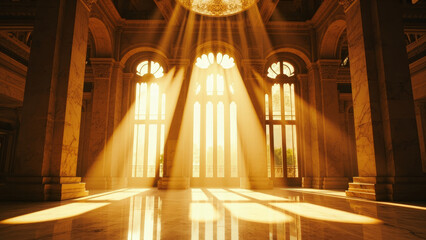 Grand interior with arched windows and marble columns bathed in golden sunlight creating dramatic shadows and light beams