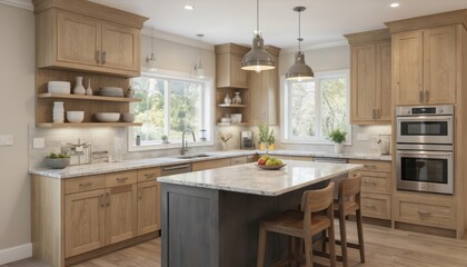 Modern kitchen with honey oak cabinets, granite countertops, stainless steel appliances. Features island with seating, pendant lights, large windows with natural light. Transitional style blends