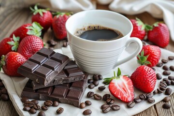 A cozy coffee experience  enjoying a warm cup with strawberries, chocolate, and coffee beans