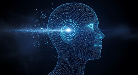 Profile of a futuristic digital human head in a wireframe grid, with a luminous soundwave entering the ear, symbolizing artificial intelligence and data absorption.