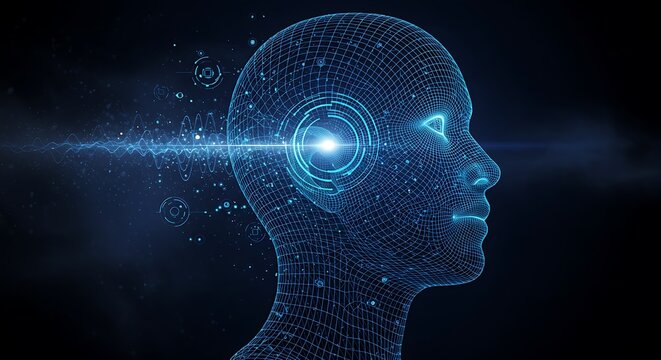 Profile of a futuristic digital human head in a wireframe grid, with a luminous soundwave entering the ear, symbolizing artificial intelligence and data absorption.